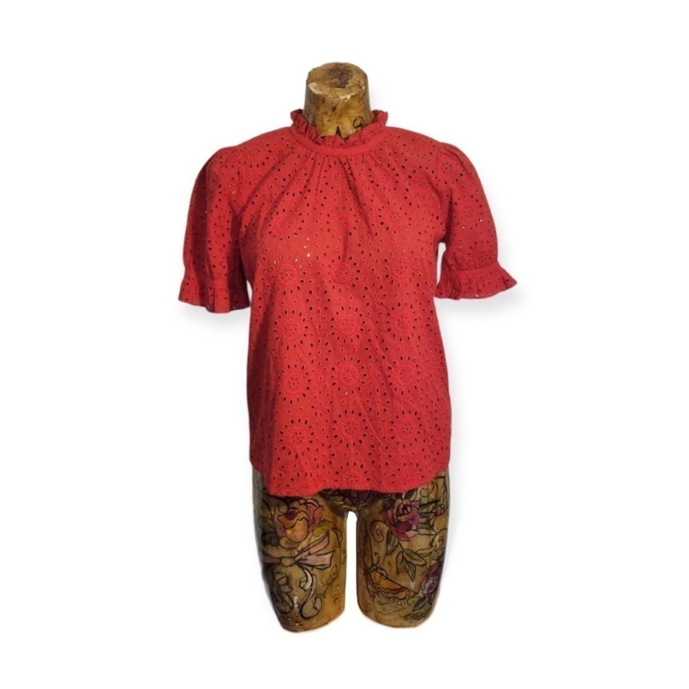 Madewell top red short sleeve eyelet high neck XS